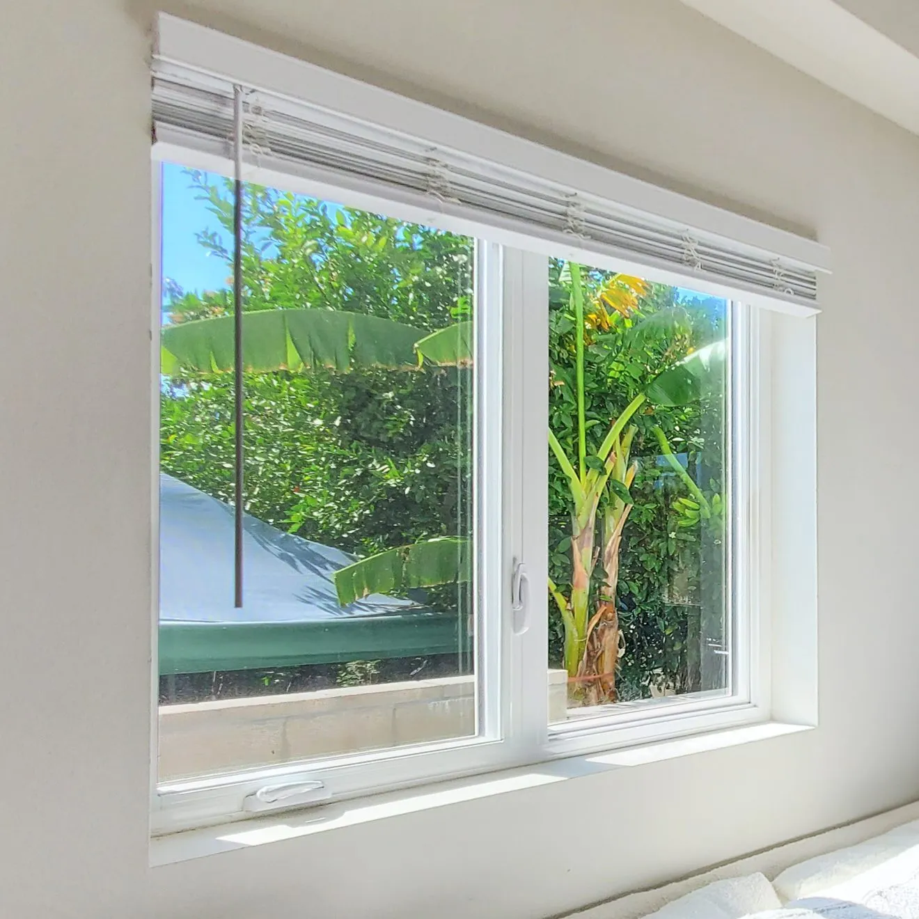 A white GS Series double-hung window with blinds partially open, revealing a view of lush greenery and a blue sky.